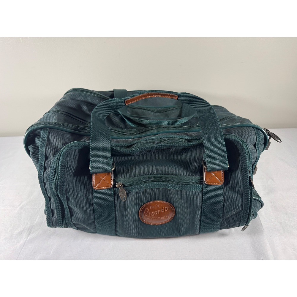VTG 80s/90s Ricardo Beverly Hills Duffel Green Nylon Leather Weekend Travel Bag